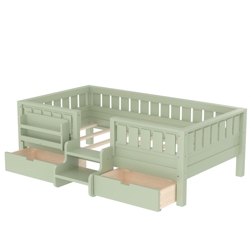 Lit de jour simple avec 2 tiroirs et garde-corps double, Avocat / vert