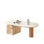 Table basse ovale moderne avec armoire de rangement, fabrication en panneau de fibres à densité moyenne, base piédestal en bois cannelé, finition blanche