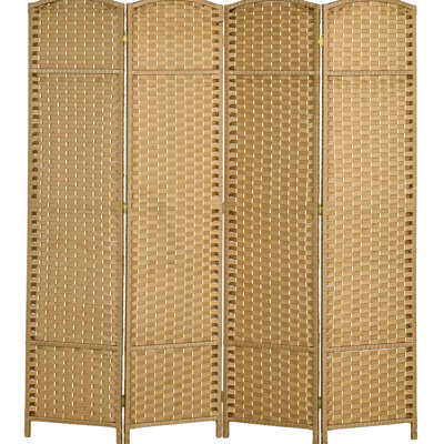 Paravent 4 panneaux, 5,6 pi de hauteur pour la maison. Thème en bois naturel avec motif tissé à la main. Cloison polyvalente. Structure fabriquée et sangles en polypropylène. Léger et pliable. Aucun assemblage requis