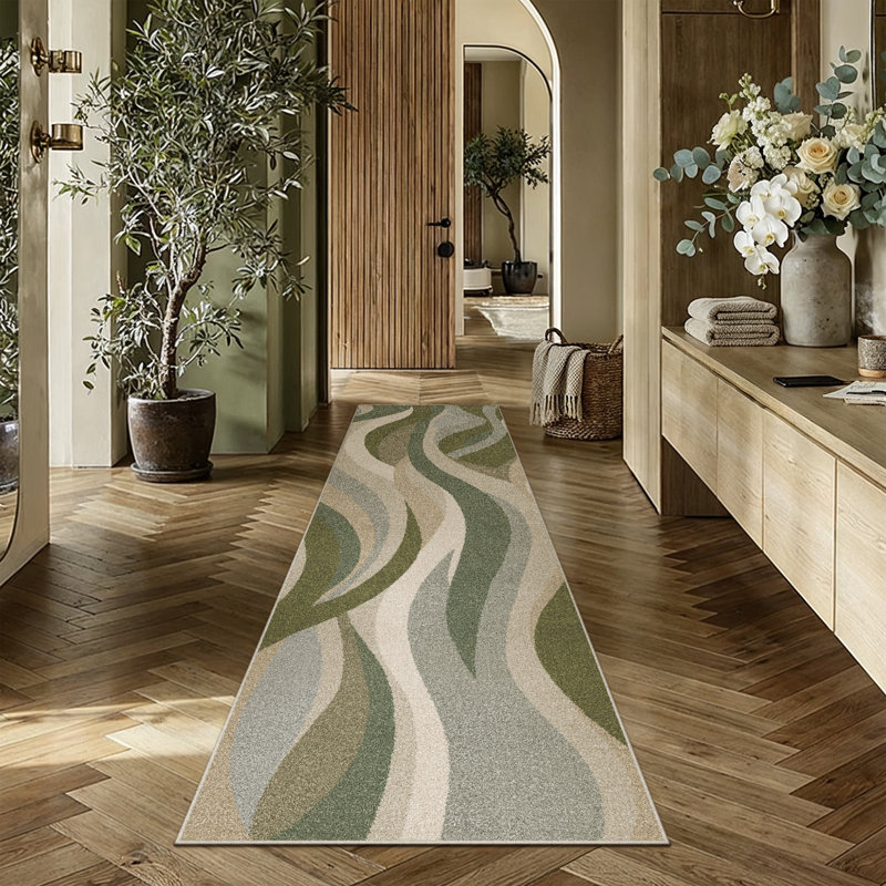 Astrum Machine Washable Abstract Art Area Rug, Runner 2' x 8', Green