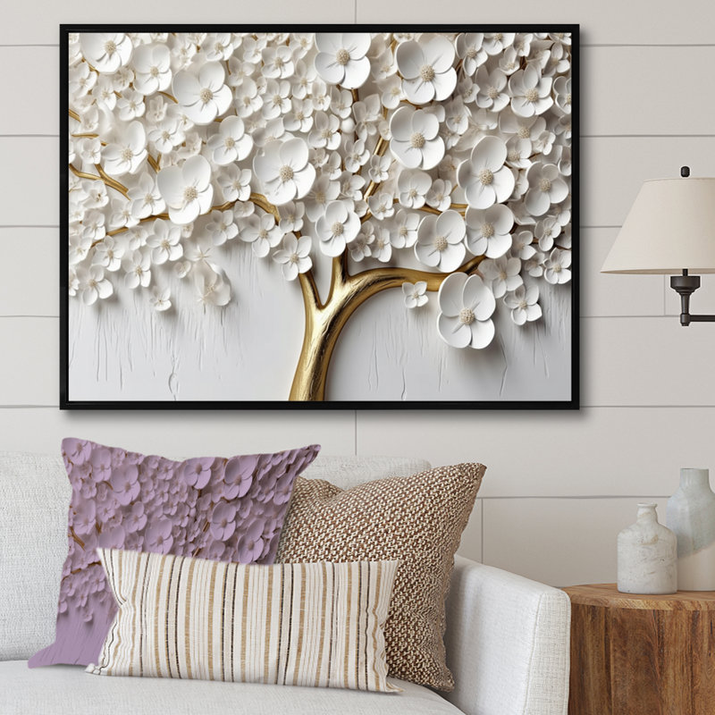 Orchidée blanche Plymouth, jardin de branches I - impression, H 24 po x l 32 po, Cadre flottant, Noir