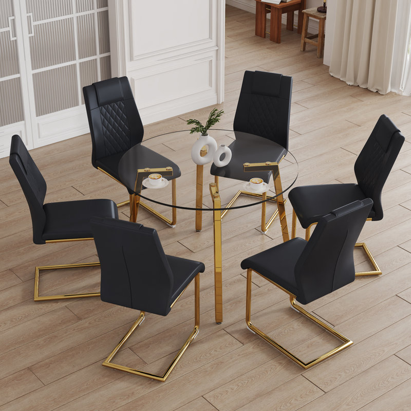 Ensemble table et chaises. Table ronde minimaliste transparente, 107 x 107 x 75 cm, verre et métal, ensemble de 5, ensemble de salle à manger, noir