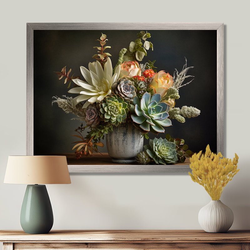 Succulent Bouquet Still Life I - Succulent Wall Art Living Room, Cadre simple argenté, H 34 po x l 44 po x P 1,5 po