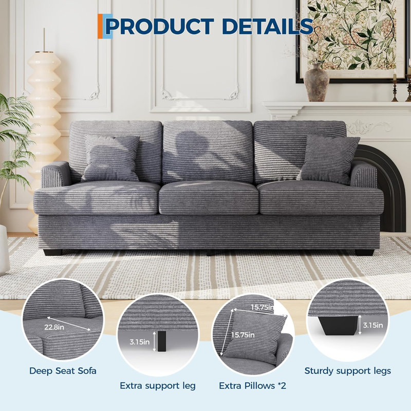 Canapé moderne en velours côtelé 86 po avec 2 coussins décoratifs Modern, Gris
