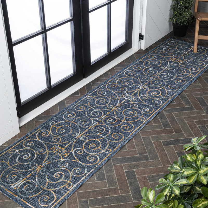 Bilol Classic Cottage Filigree Scroll Reversible Machine-Washable Cream/Navy Indoor/Outdoor Rug, Runner 2' x 8'