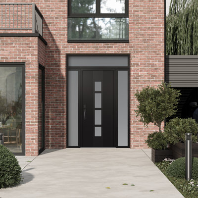 Diamond A10 Right-Hand 68 In. X 96 In. Panel Black Steel Black And White Frosted Glass With 2 Sidelites And Transom Frosted Glass Prehung Front Entry Door