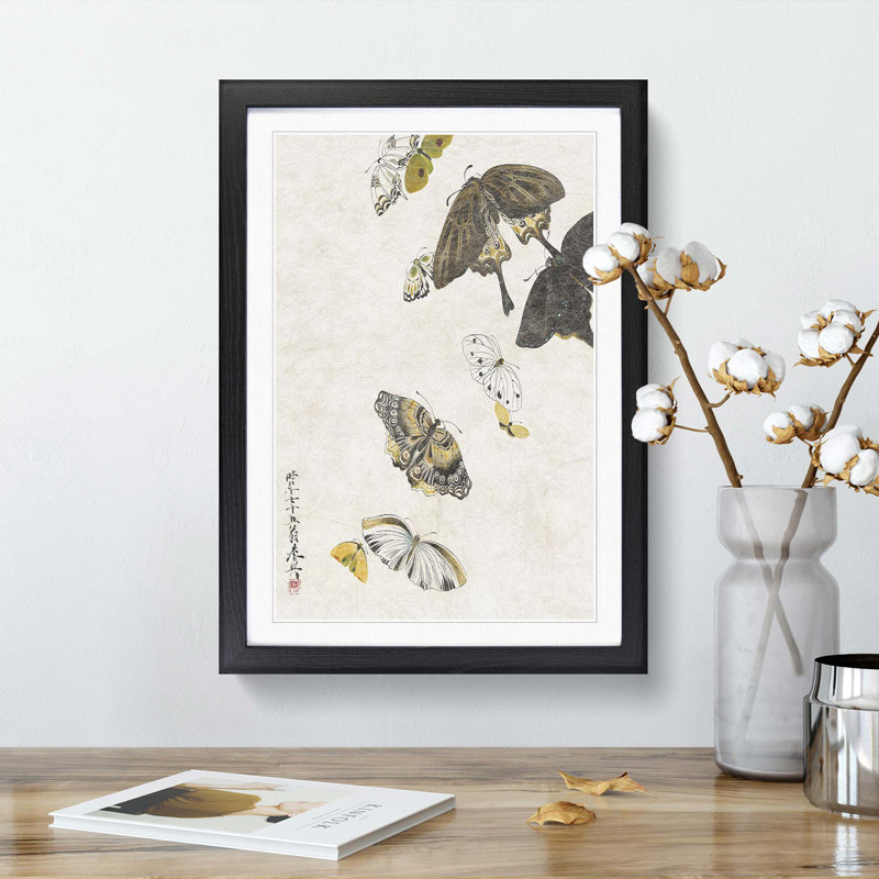 Butterflies by Shibata Zeshin - Picture Frame Art Print, Black Framed, 65cm H x 48cm W x 2cm D
