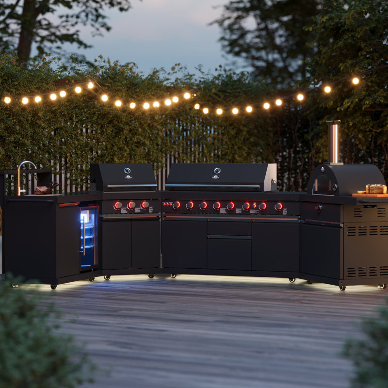 Comptoirs en pierre frittée noire Forno All'Aperto, barbecue de 99 600 BTU, évier, module de bar, four Plancha et pizza
