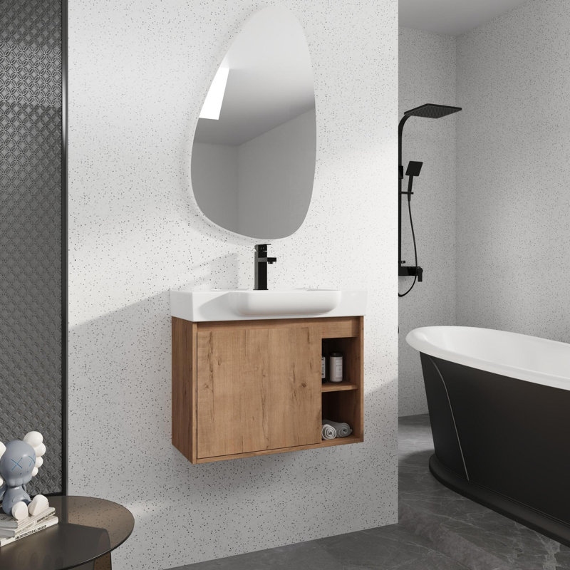 Meuble-lavabo mural multifonctionnel avec porte à fermeture en douceur et tablettes ouvertes, Imitation chêne, 28