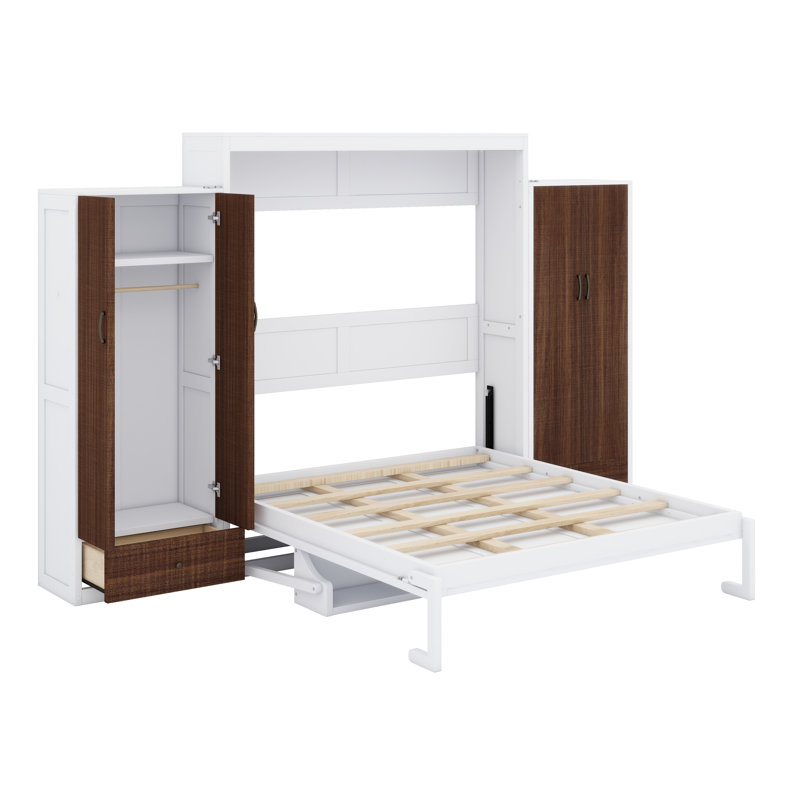 Lit escamotable multifonctionnel avec placard intégré, tiroirs de rangement et table pliante