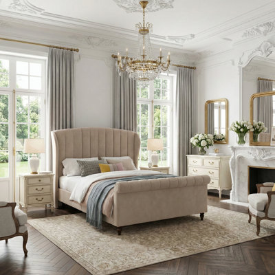 Tufted Velvet Wingback Sleigh Bed with Walnut Finish Legs