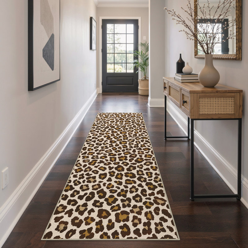 Tapis brun / brun clair à imprimé animal Leopard, Tapis de couloir de 2 pi x 7 pi