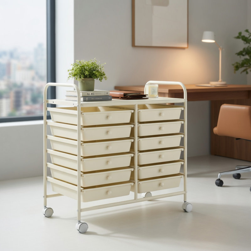  Chariot de rangement roulant 12 tiroirs, structure en acier avec tiroirs en plastique pour la maison, le bureau et le garage, beige
