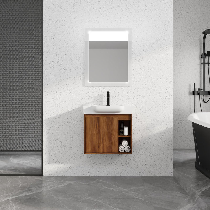 Wall-mounted Multifunctional Storage Bathroom Vanity with Soft-close Door and Open Shelves, Brun ébène, 24