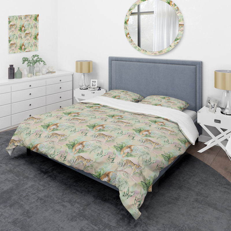 Ensemble de housse de couette en microfibre vert / brun 3 pièces, Housse de couette pour grand lit et 2 taies décor