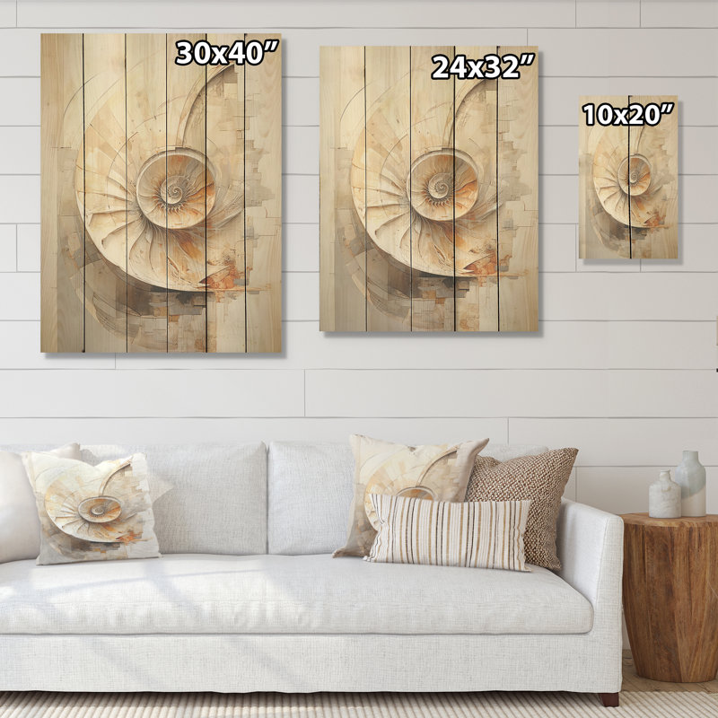 Escargots abstraits Nautilus I - Nautilus, art sur bois de pin naturel, H 20 po x l 10 po