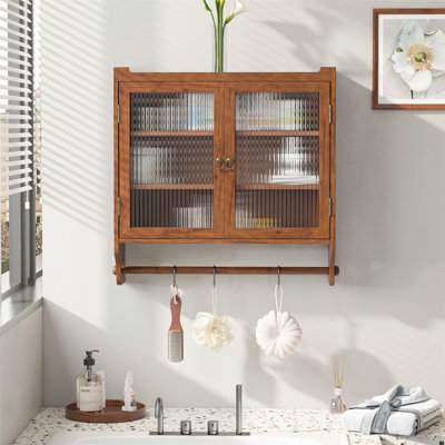 Vintage Fluted Glass Wall Cabinet with 3-Tier Storage & Towel Rack – Rustic Brown Double-Door Organizer for Bathroom, Kitchen, or Dining Room