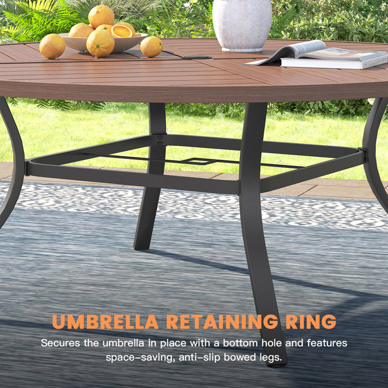 53" Patio Metal Round Dining Table, Brush Wood Brown