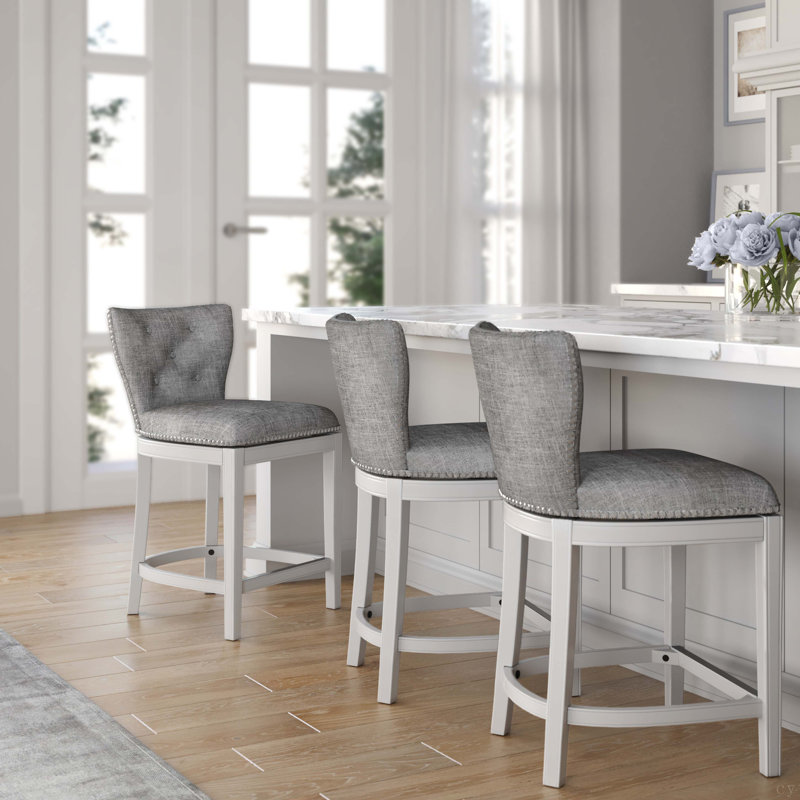 Tabouret de bar pivotant rembourré avec dossier, blanc avec revêtement gris