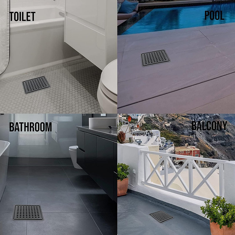Drain de plancher de douche carré 6 po avec bride, grille Quadrato amovible et crépine, acier inoxydable Sus 304, noir mat