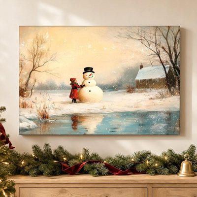 Enfant et bonhomme de neige en hiver - Décoration murale représentant un adorable bonhomme de neige, impression sur toile tendue de 51 cm x 76 cm, prête à être accrochée dans le salon, la chambre ou le bureau.