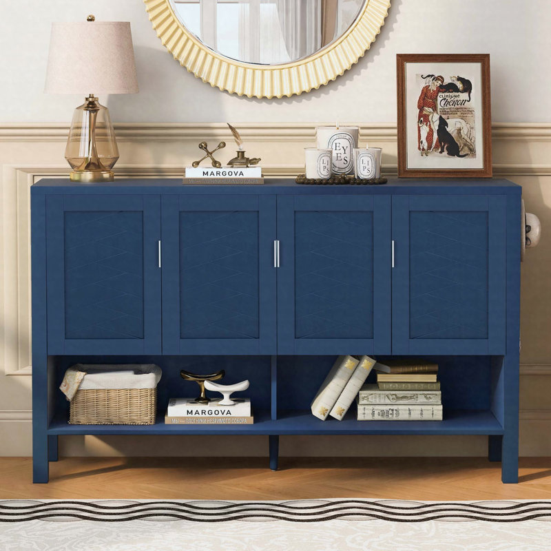 55.1" Storage Sideboard Buffet Cabinet, 4 Door Modern Cabinet with Open Shelf and Adjustable Shelves, Navy Blue