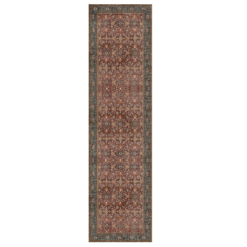 Tapis décoratif brun en polyester oriental bleu doux tissé à la machine, Rectangle 5 pi 3 po x 7 pi 7 po