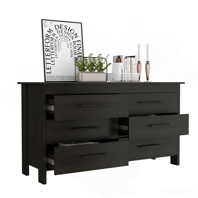 Commode double 6 tiroirs Wezz, chambre à coucher, noir, Noir