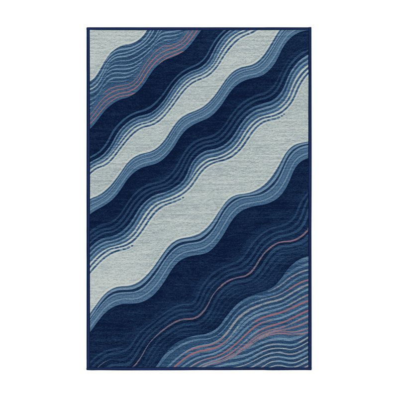 Soft Plush Guerdon Dragon Boat Festival Modern & Contemporary Striped Area Rug in Blue – Navy Binding, 5x8