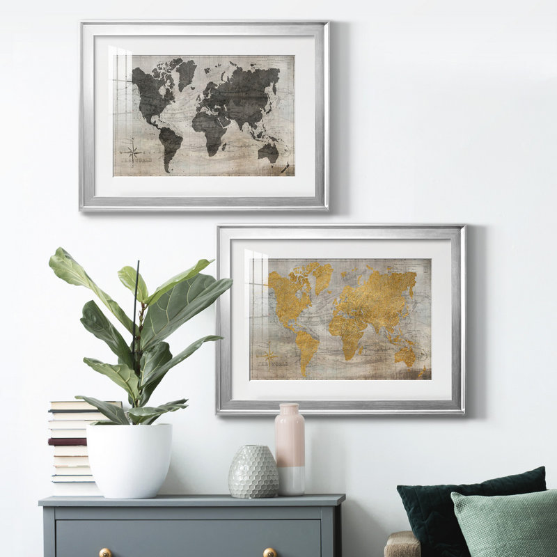 Carte du monde - ensemble de 2 reproductions de cadres photo, Cadre argenté, H 24,5 po x l 37 po x P 1 po