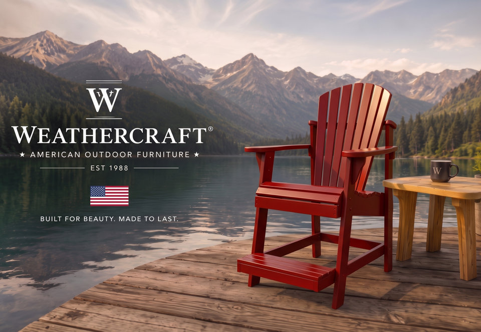 Weathercraft American Outdoor Furniture established in 1988 featuring a red Adirondack chair on a wooden dock by a lake with mountains in the background and the slogan Built for Beauty, Made to Last.