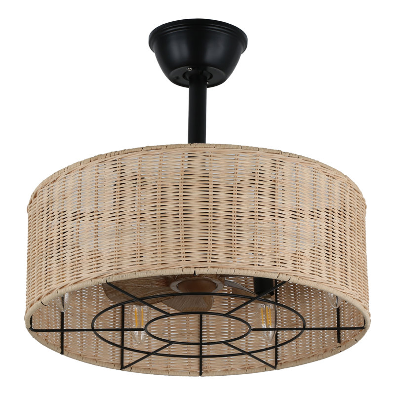 Mika 18" Beige Rattan Caged Ceiling Fan with Light and Remote