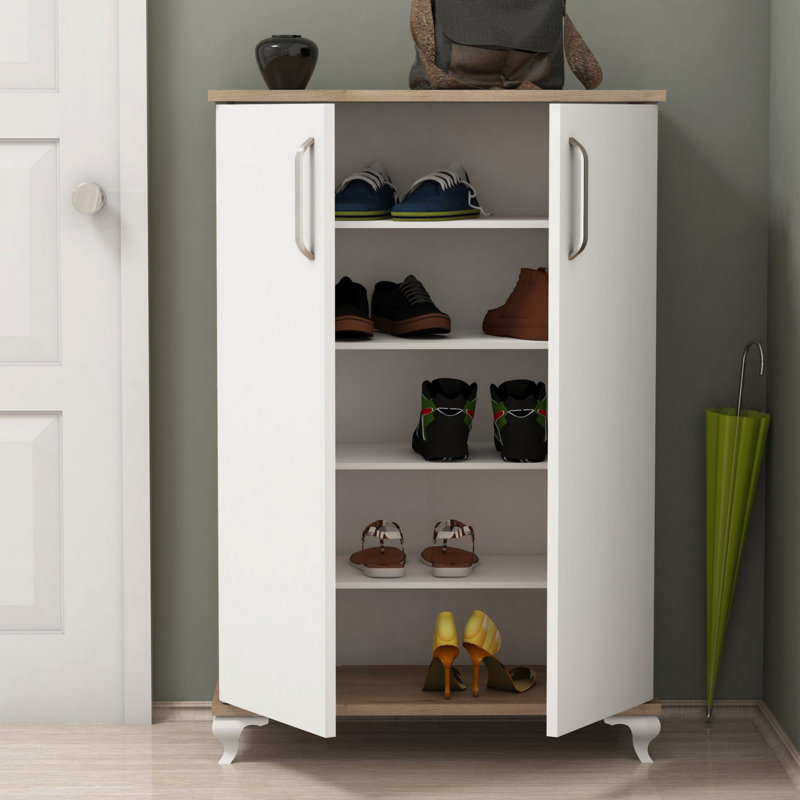 Elegant Shoe Cabinet with Numerous Shelves, Walnut & White Finish, 28.3 x 39.4 x 12.8 inches | 100% Melamine Coated Particle Board, Wall-Mountable | Perfect for Organized Entryway & Modern Homes