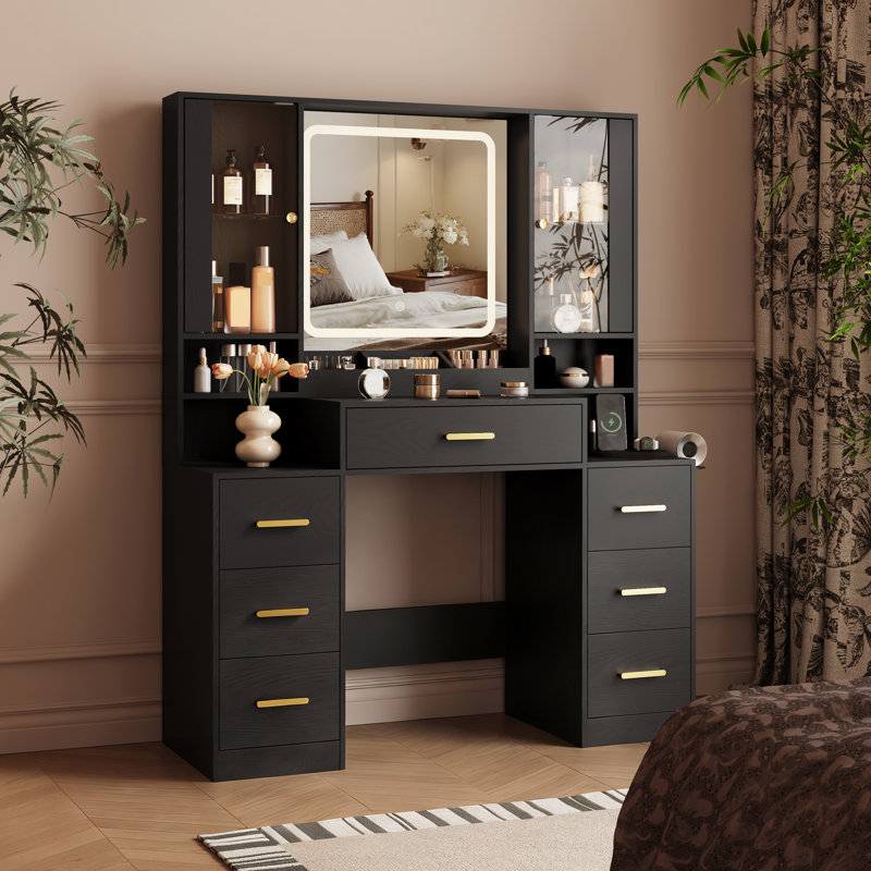 Large Lighted Makeup Vanity Set with Adjustable RGB Lights & Charging Station, Dressing Table with Mirror & Large Storage