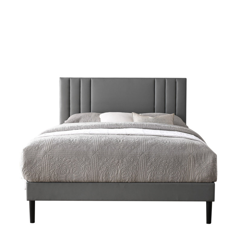  Structure de grand lit plateforme avec tête de lit tapissier réglable - lattes en bois robustes et pied de support central (capacité de 600 lb), cuir synthétique imperméable, assemblage facile (30 minutes) pour la chambre à coucher