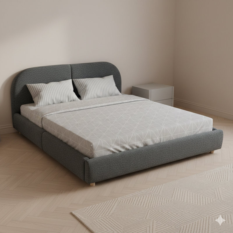 Structure de lit tapissier grand format de style minimaliste moderne, recouverte d'un tissu en fil de cercle, comprenant une haute tête de lit incurvée, un support de pieds robuste et un rangement à roulettes (matelas non inclus), en gris foncé.