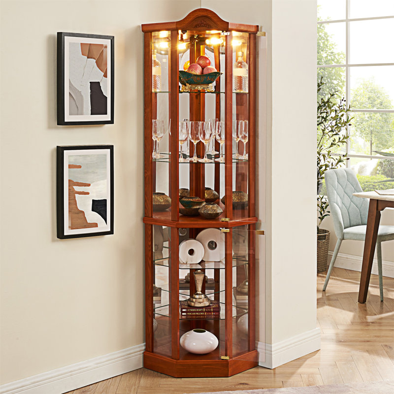 Oak Lighted Glass Corner Display Curio Cabinet