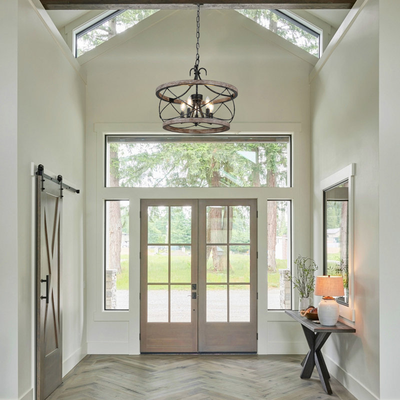 19.7" 5-Light Farmhouse Distressed Wood Chandelier Adjustable Height Pendant Light for Kitchen Island Bedroom, Brushed Nickel