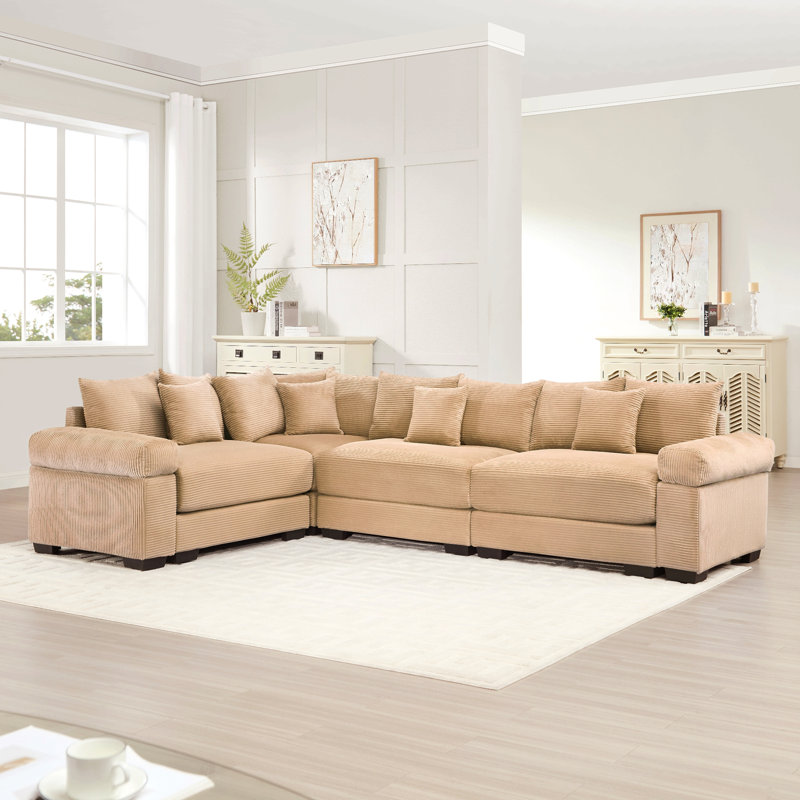 Felder L-Shaped Corduroy Sectional Sofa with Throw Pillows & Deep Seating, Camel Corduroy