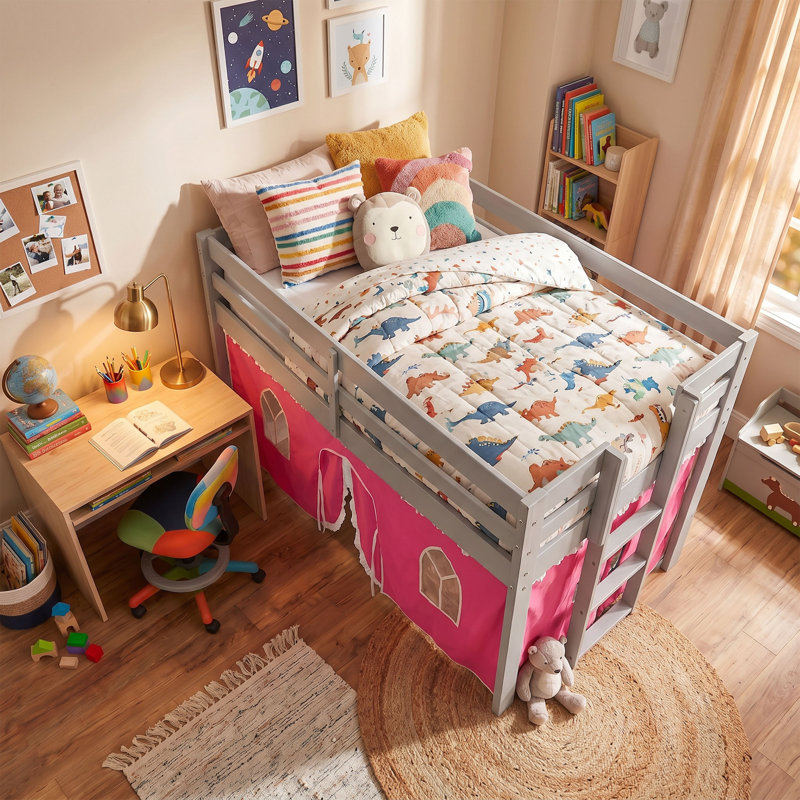 Lit mezzanine simple en bois massif avec tente de jeu Fern Rock, Rose, Gris