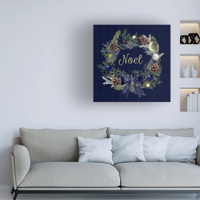 The Holiday Aisle® Victoria Barnes Blue Juniper Wreath I Canvas Wall Art