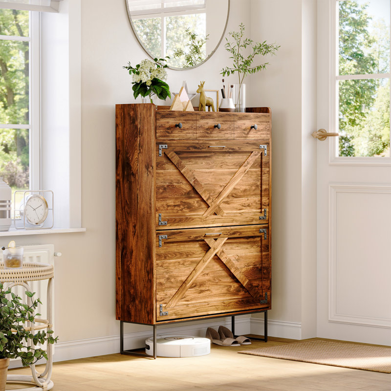 16-Pair Farmhouse Shoe Storage Cabinet with 3 Drawers for Entryway
