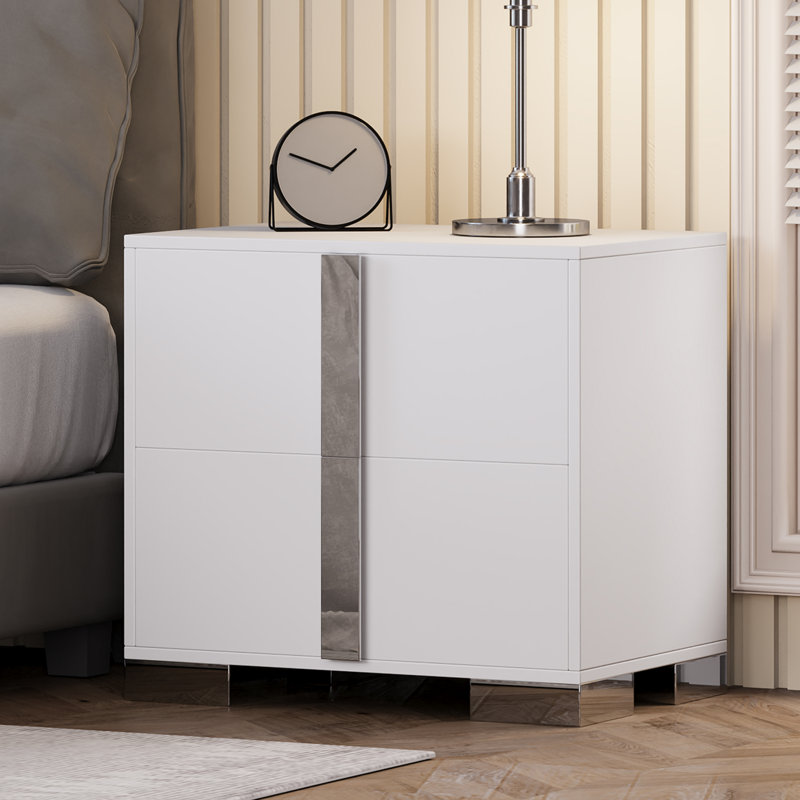 Modern White End Table With Drawers, Mirrored Metal Handles, And Metal Feet - Elegant Nightstand And Sofa Side Table For Bedroom And Living Room | Gift Idea