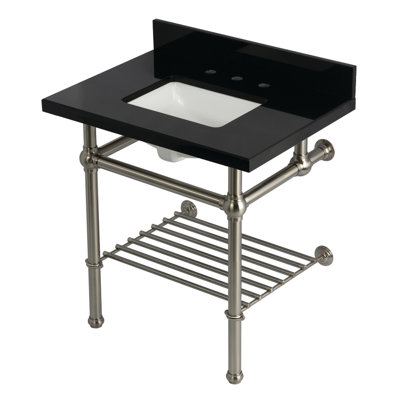 Kingston Brass Templeton 30-Inch Black Granite Console Sink with Brass Legs and Shelf (8-Inch, 3-Hole)