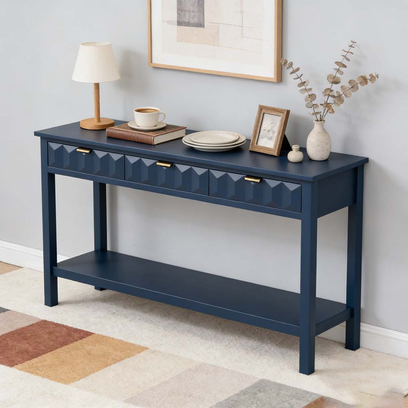 60'' Fir Veneer Entryway Table with Honeycomb-patterned Fronts,Modern Stylish Console Table, Navy Blue