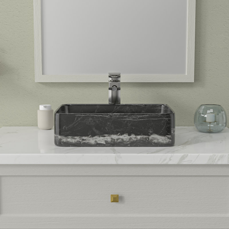 Black and Gray Marble Ceramic Rectangular Vessel Sink