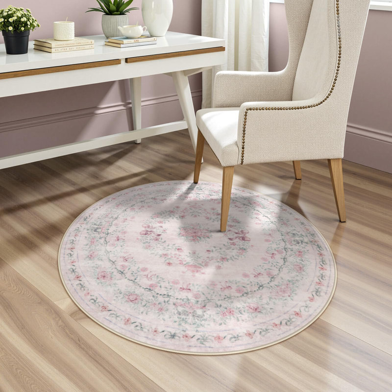 Tapis rond rose lavable à la machine Kaldi, Round 4'