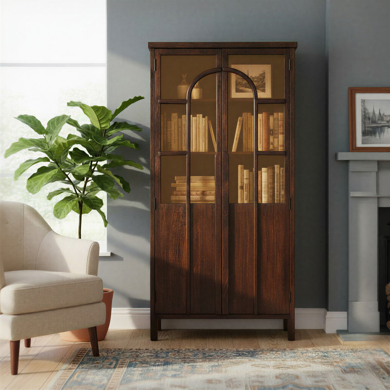 Vitrine d'appoint en bois de manguier avec portes cintrées
