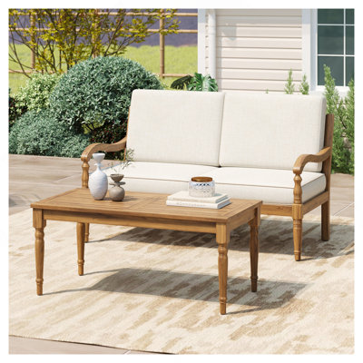 Ensemble de conversation 2 pièces avec coussins, ensemble de conversation d'extérieur en bois d'acacia, naturel et beige