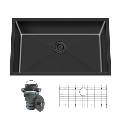 Évier de cuisine Blenzia à cuve unique, encastré sous plan, en acier inoxydable de calibre 16, fabriqué à la main, avec crépine et grille, 68,6 cm x 45,7 cm x 22,9 cm